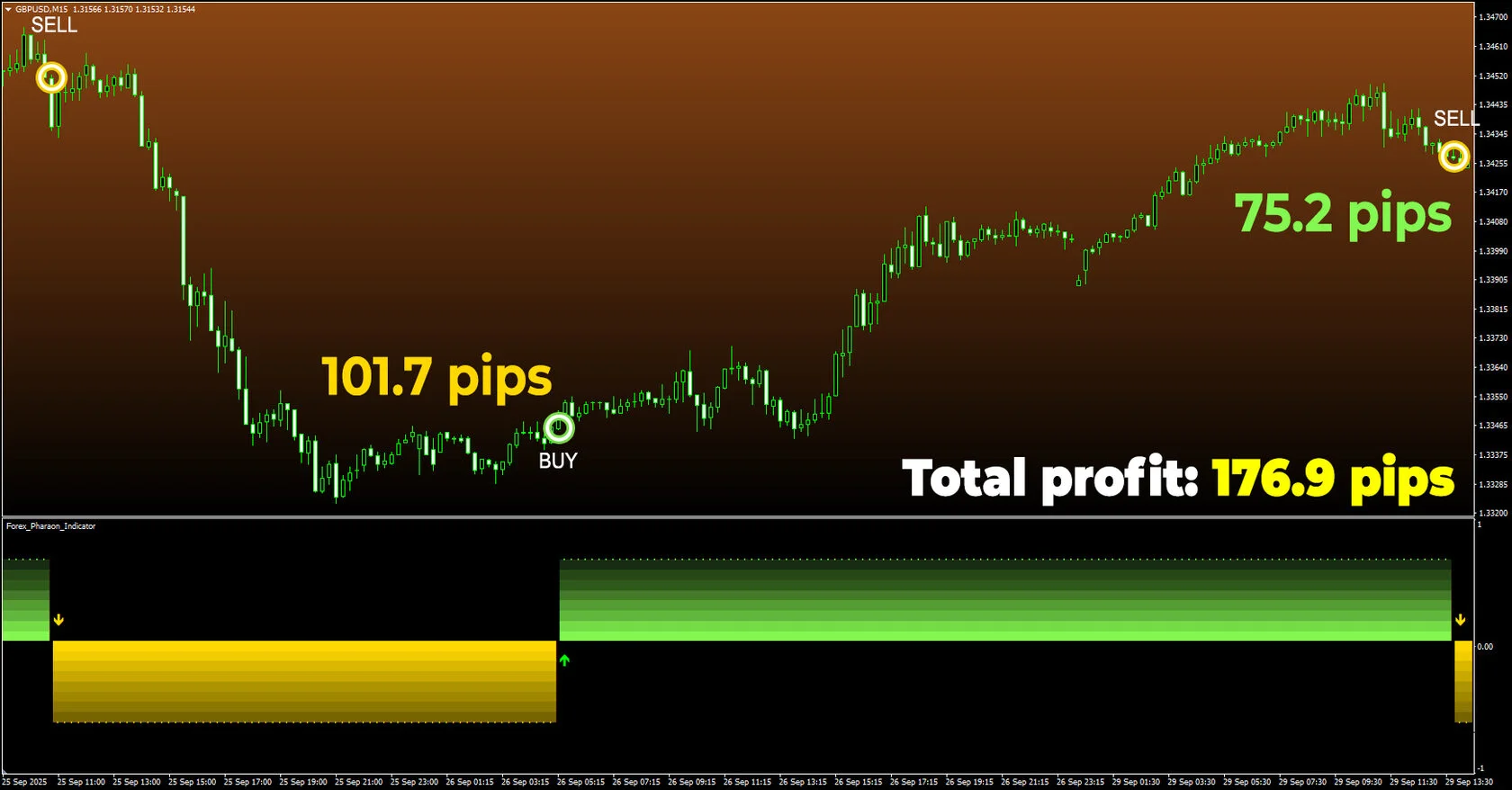 Big wins are right here with Forex Pharaon, its algorithm detects price movements with unbelievable accuracy, and the user ends up with results such as 176.9 pips from just two trades