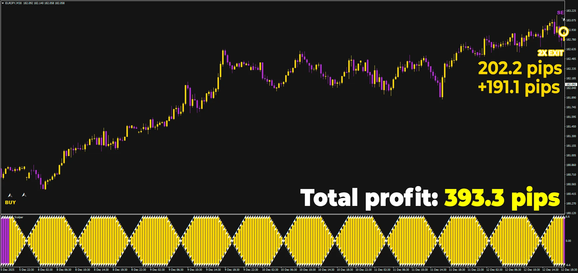 Just look at this smooth double trade that resulted in 393.3 pips on M30 timeframe!