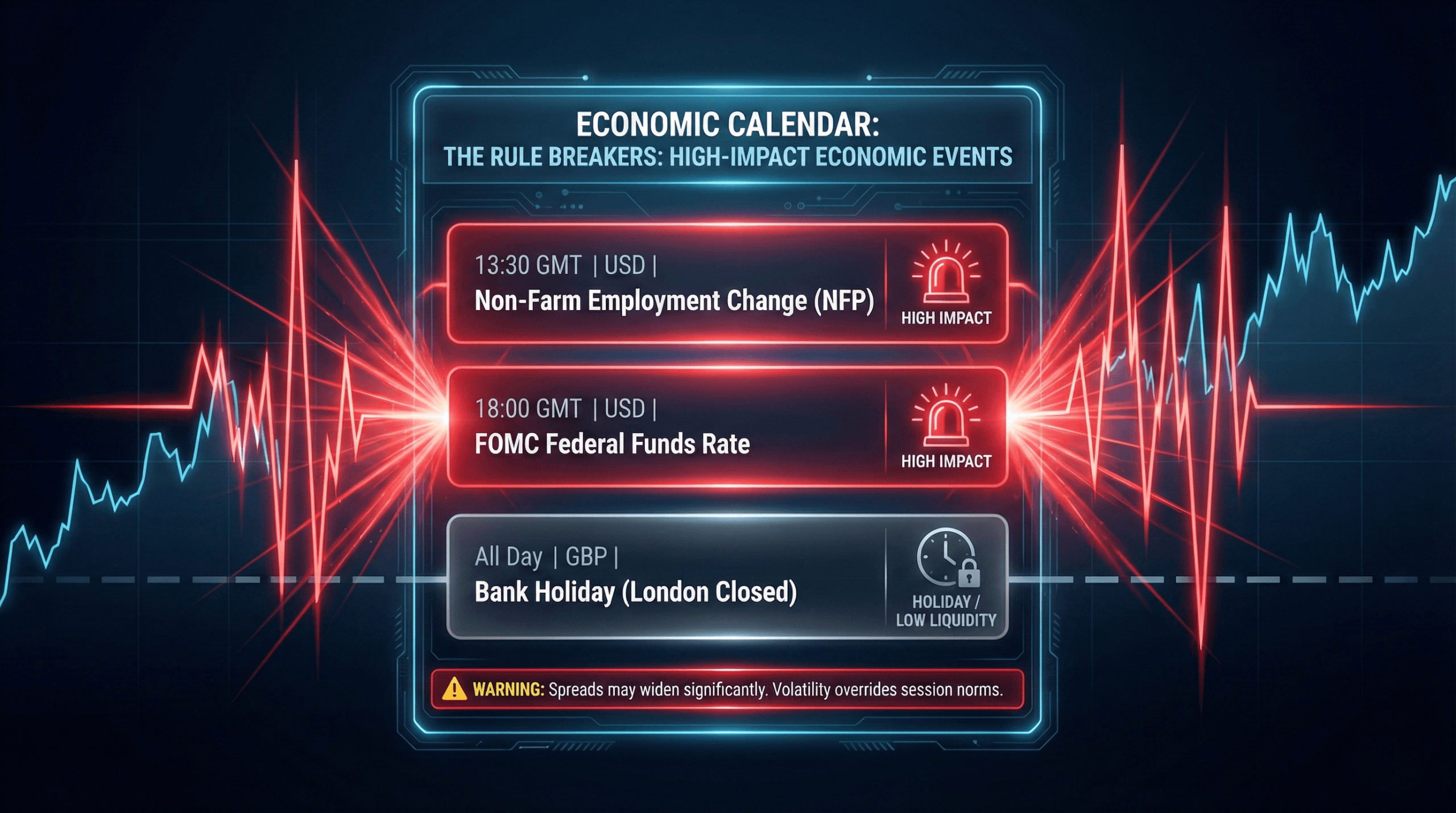 Forex economic calendar infographic titled 'The Rule Breakers,' illustrating how high-impact news overrides market sessions. Entries for Non-Farm Payrolls (NFP) and FOMC Rate decisions trigger red volatility shockwaves on the background price chart, while a Bank Holiday entry visualizes a liquidity freeze.