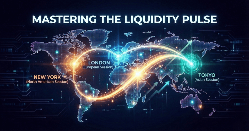 World map infographic titled 'Global Forex Market Hours: Mastering the Liquidity Pulse'. It visualizes the major trading sessions—Tokyo, London, and New York—as glowing hubs connected by bright liquidity streams, illustrating the active times and overlaps in the global forex market.