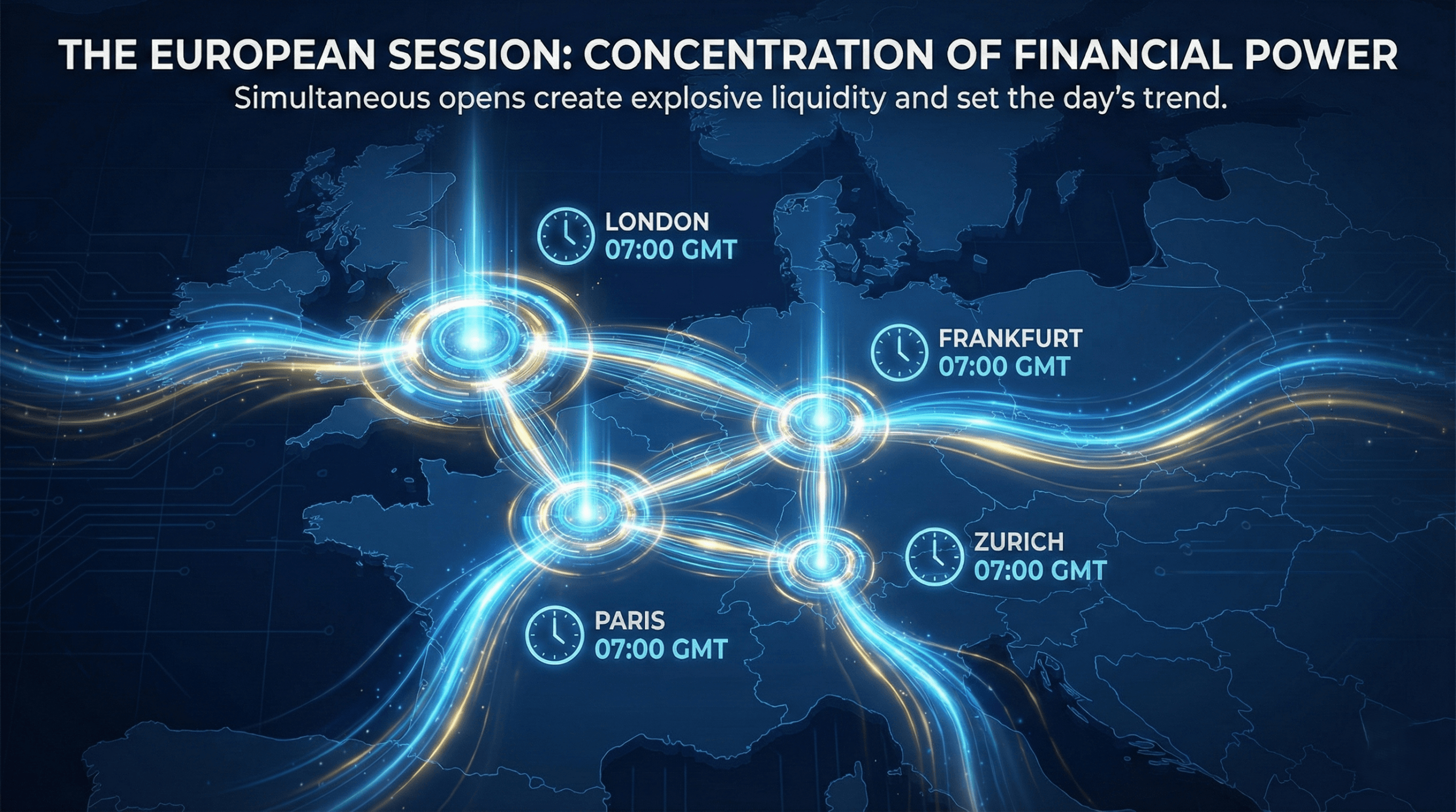 Infographic map of the Forex European Session highlighting the simultaneous market open of London, Frankfurt, Paris, and Zurich at 07:00 GMT. The visual demonstrates the high concentration of financial power and liquidity that defines this trading period.