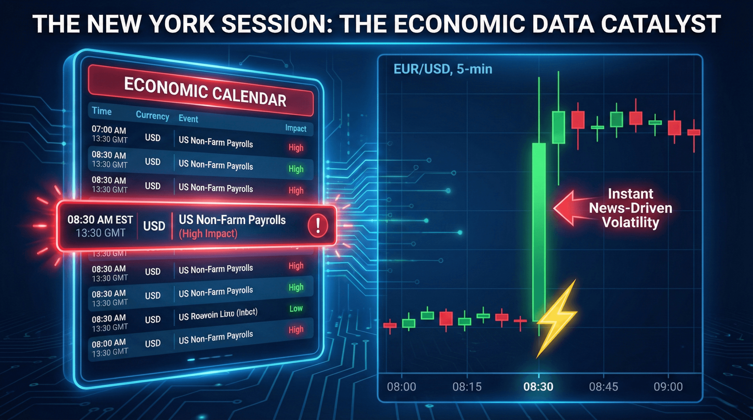 Infographic of the New York Forex Session showing the impact of economic news. A high-impact calendar event for US Non-Farm Payrolls at 13:30 GMT triggers an immediate, massive vertical price spike on the adjacent candlestick chart, visualizing news-driven volatility.