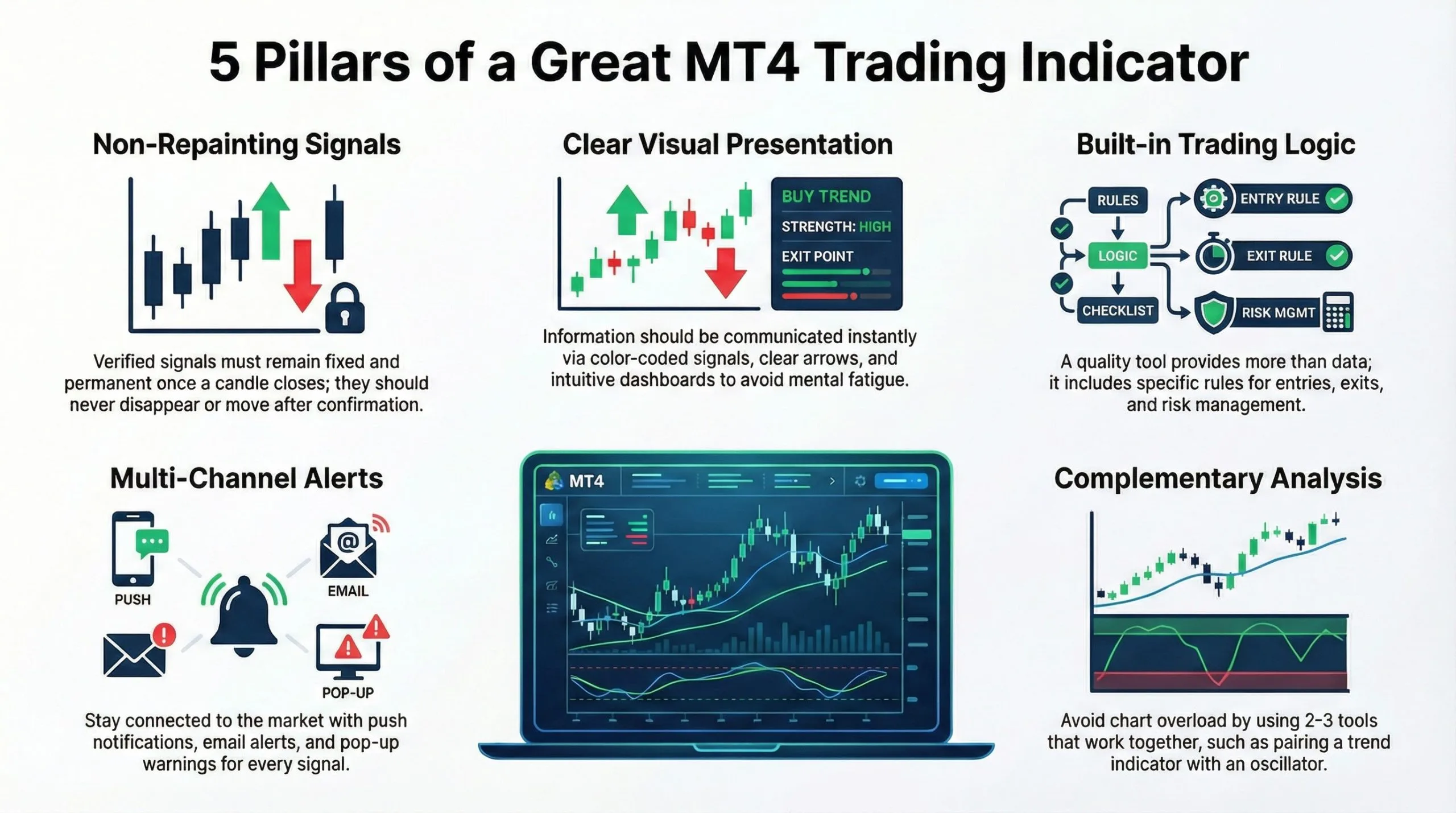 Infographic titled "5 Pillars of a Great MT4 Trading Indicator" detailing five essential features: Non-Repainting Signals for reliable historical data, Clear Visual Presentation for instant readability, Built-in Trading Logic for entry/exit rules, Multi-Channel Alerts for push and email notifications, and Complementary Analysis to avoid chart overload. The graphics surround a central illustration of a laptop running the MetaTrader 4 platform.